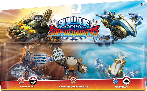 Skylanders SuperChargers. Набор из трех фигурок (стихия Earth+Earth+Air) Skylanders SuperChargers. Набор из трех фигурок (стихия Earth+Earth+Air)Skylanders SuperChargers. Набор из трех фигурок (стихия Earth+Earth+Air) включает в себя скайлендер-суперзаряд Shark Shooter Terrafin и машины Shark Tank и Jet Stream.
<br>.<br>