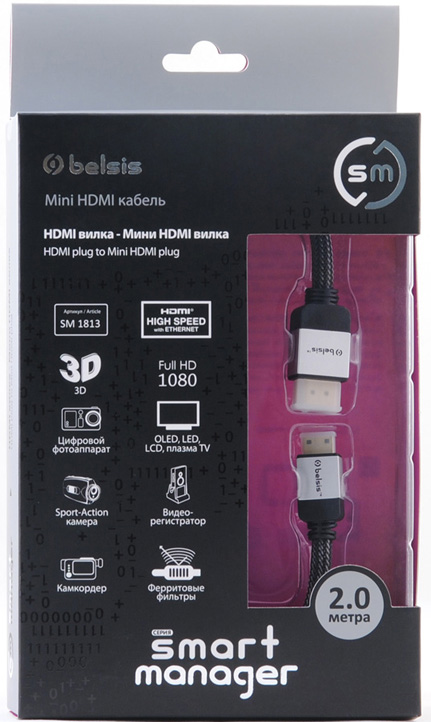 Кабель Belsis SM1813 HDMI с ферритовыми фильтрами Кабель Belsis SM1813 HDMI с ферритовыми фильтрамиКабель HDMI, HDMI A вилка и HDMI C (mini) вилка, длина 2м. с ферритовыми фильтрами Belsis SM1813<br>