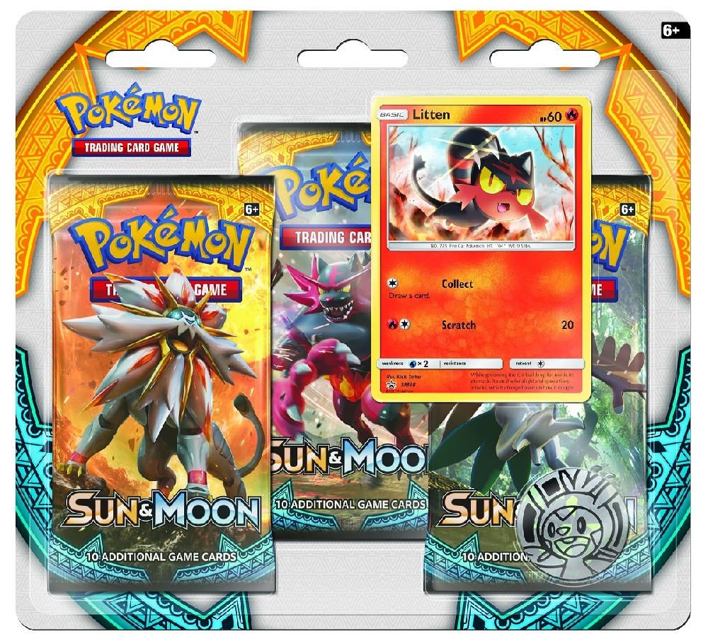 Коллекционная карточная игра Pokemon Sun & Moon: Тройной блистер + Промо-карта Litten + Монета Коллекционная карточная игра Pokemon Sun & Moon: Тройной блистер + Промо-карта Litten + МонетаБитвы накаляются вместе с тропическими Покемонами из региона Алола, которые появляются в расширении Sun & Moon коллекционной карточной игры Pokémon.<br>