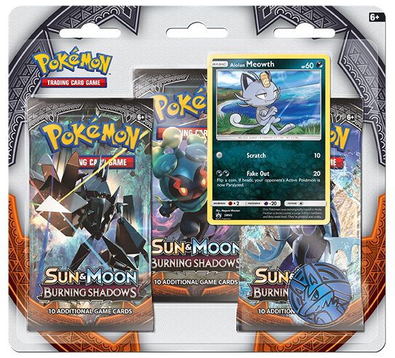 Коллекционная карточная игра Pokemon Sun & Moon «Burning Shadows»: Тройной блистер + Промо-карта Alolan Meowth + Монета Коллекционная карточная игра Pokemon Sun & Moon «Burning Shadows»: Тройной блистер + Промо-карта Alolan Meowth + МонетаКоманда Черепа и кавалькада новых Покемонов ожидают сражения в темноте ночи и под палящим солнцем! Опробуйте новых титанов Некрозма-GX, Маршадоу-GX и Тапу Фини- GX, или сражайтесь с надежными союзниками начиная с Мачампа-GX вместе с Чаризардом-GX и заканчивая Даркраем-GX и Хо-Ох-GX.<br>