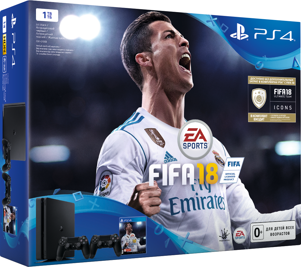 Игровая консоль Sony PlayStation 4 Slim (1 TB) Black + игра FIFA 18 + PS Plus 14 дней + Дополнительный контроллер Dualshock 4 (черный) Игровая консоль Sony PlayStation 4 Slim (1 TB) Black + игра FIFA 18 + PS Plus 14 дней + Дополнительный контроллер Dualshock 4 (черный)Комплект включает в себя игровую консоль Sony PlayStation 4 Slim (1TB) Black, игру FIFA 18, дополнительный контроллер Dualshock 4 и PS Plus 14 дней<br>
