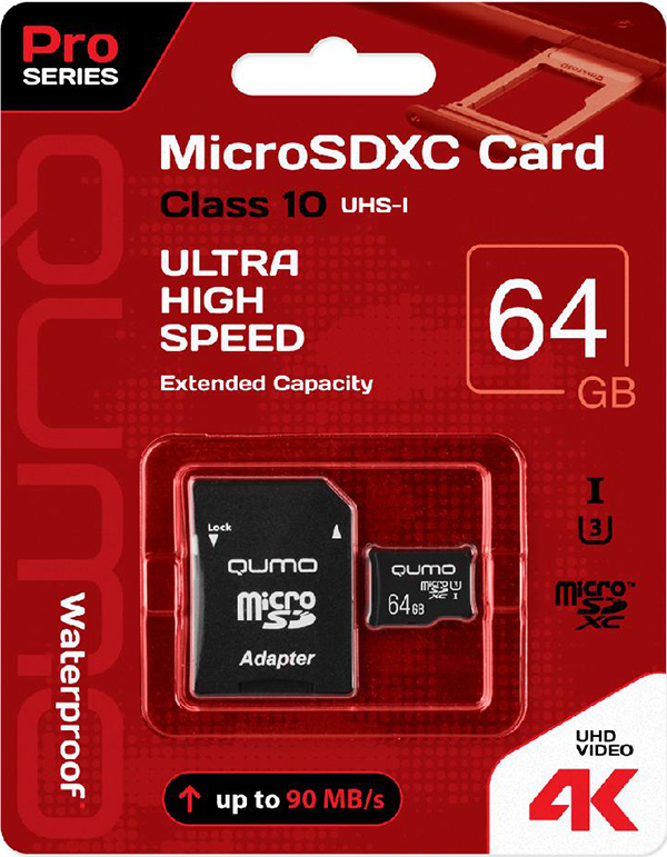 Карта памяти Qumo MicroSDXC 64 GB UHS-I U3, Pro seria 3.0 + адаптер SD (QM64GMICSDXC10U3)
Карта памяти Qumo MicroSDXC 64 GB UHS-I U3, Pro seria 3.0 + адаптер SD (QM64GMICSDXC10U3)