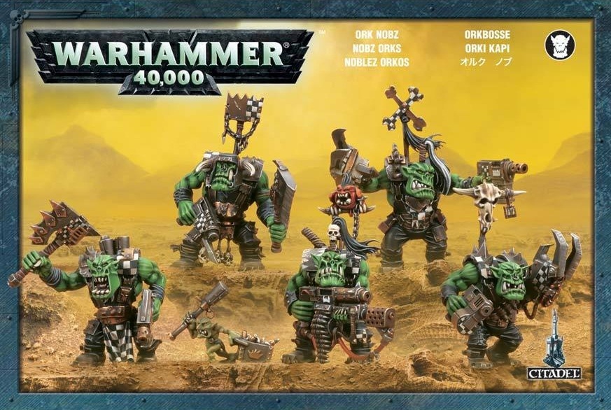 Набор миниатюр Warhammer 40,000. Ork Nobz Набор миниатюр Warhammer 40,000. Ork NobzВ наборе миниатюр Warhammer 40,000. Ork Nobz пять пластиковых миниатюр нобов, в том числе 10 разных голов и по 5 вариантов половинок туловища.<br>