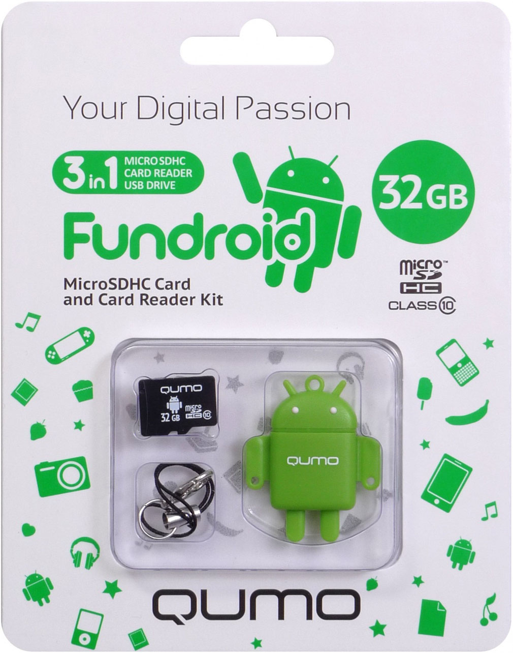 

Карта памяти Qumo MicroSDHC 32 ГБ class 10 + USB картридер Fundroid для мобильных устройств (зеленый)