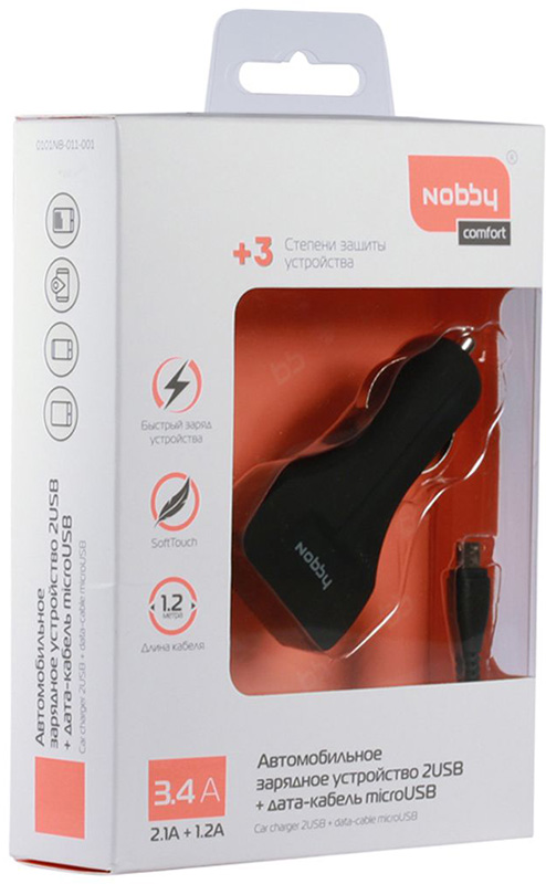 ЗУ Nobby Comfort 011-001 2 USB 3.4А (2.1/1.2А) + кабель microUSB 1.2м (черный) от 1С Интерес