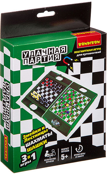 Настольная игра Удачная партия 3 в 1: Шашки, шахматы, змейки и лестницы