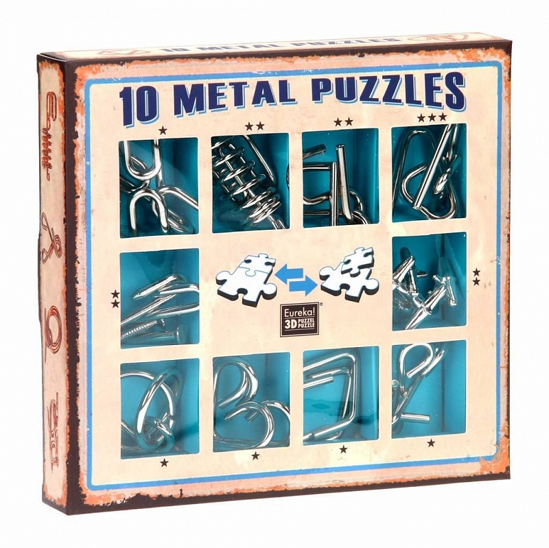 Головоломка Eureka: набор из 10 металлических головоломок (синий)