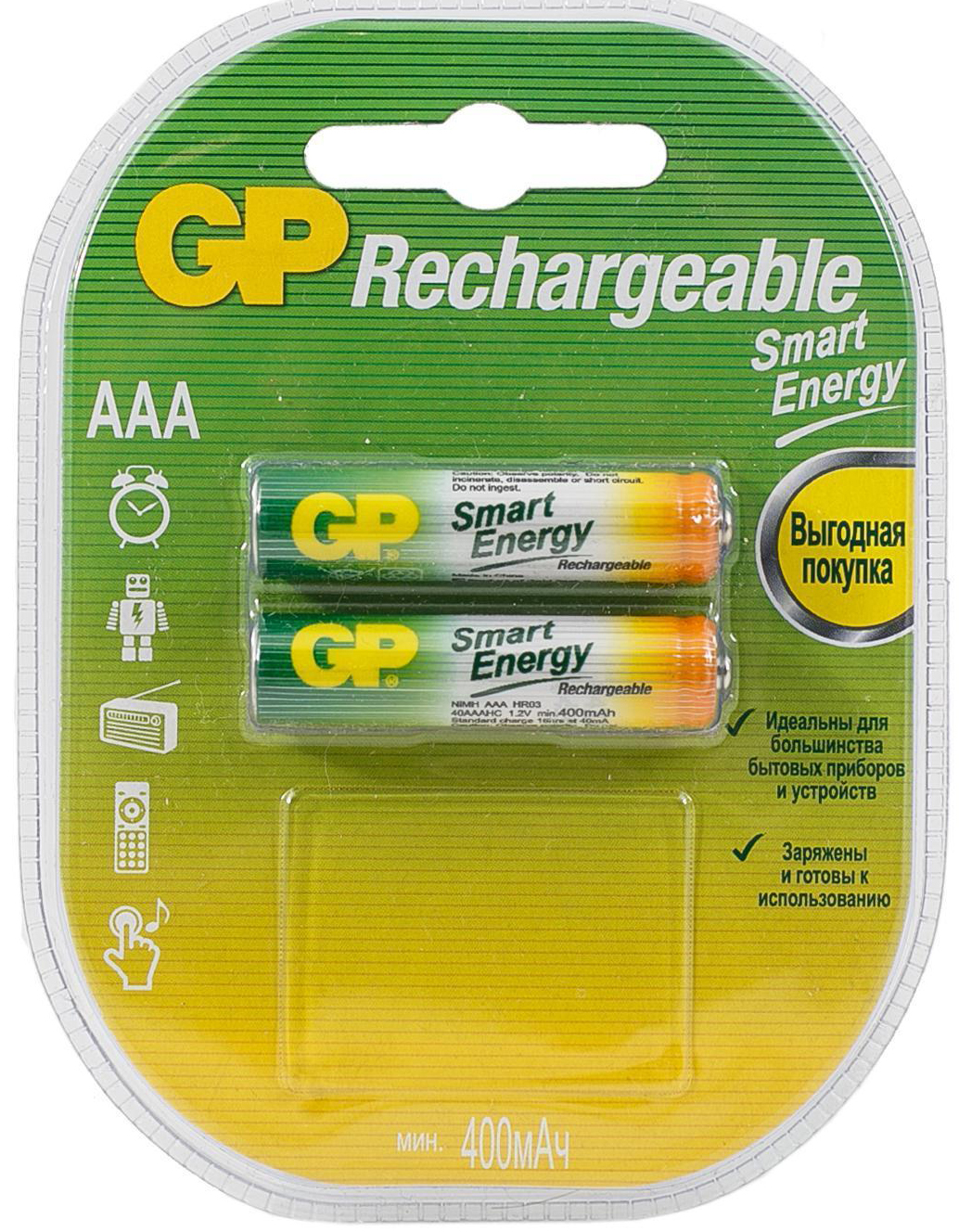 

Перезаряжаемые аккумуляторы GP Smart Energy AAA, емкость 400 мАч (Блистер, 2 шт)