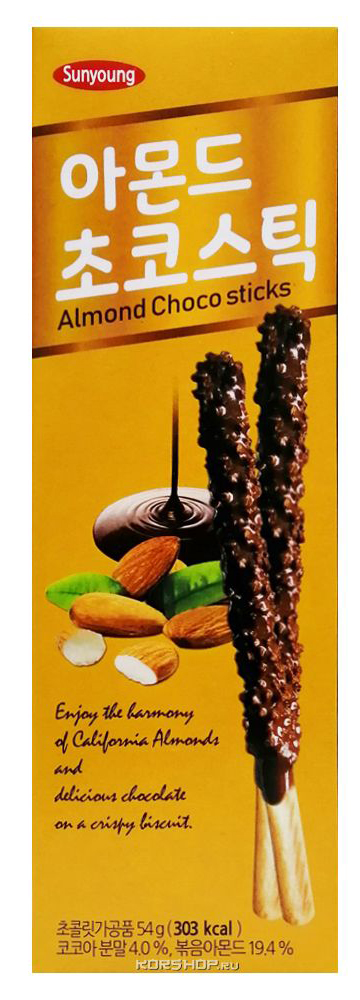 цена Печенье-палочки Almond Choco Stick шоколадные с миндалём (54г)
