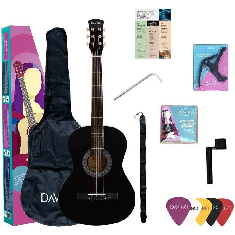 Гитара акустическая Davinci DF-50A BK PACK с набором гитариста (чехол, медиатор, вертушка, ремень, капо, струны)