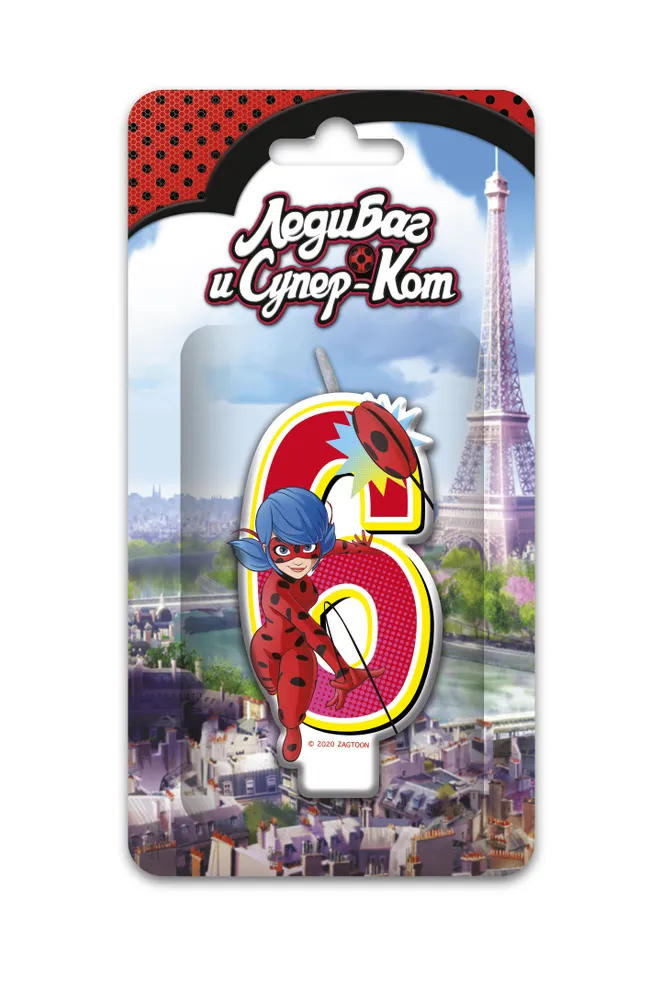 

Свеча для торта Леди Баг и Супер-Кот – Цифра 6 (с героем в блистере)