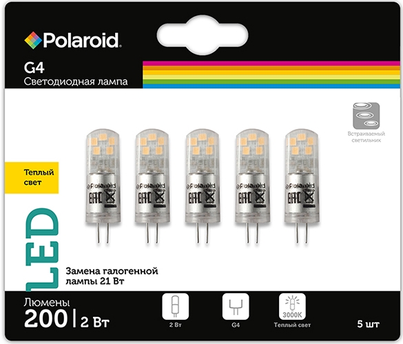 

Светодиодная лампа Polaroid 12V G 2W 3000K G4 200lm (5 шт.)