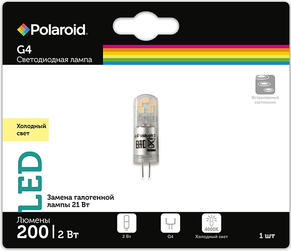 

Светодиодная лампа Polaroid 12V G 2W 4000K G4 200lm