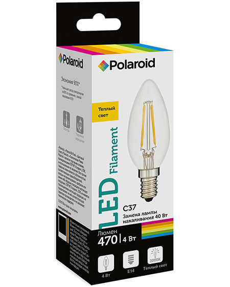 

Светодиодная лампа Polaroid 220V C37 FIL 4W 3000K E14 470lm
