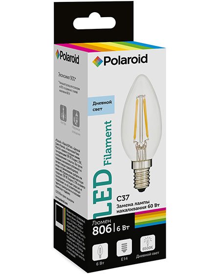 

Светодиодная лампа Polaroid 220V C37 FIL 6W 6500K E14 806lm