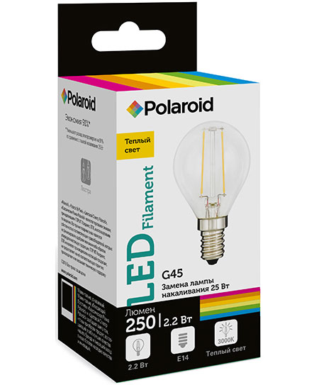 

Светодиодная лампа Polaroid 220V FIL G45 2,2W 3000K E14 250lm