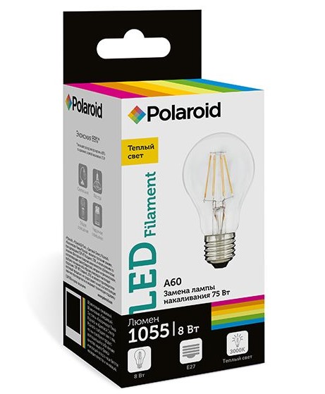 

Светодиодная лампа Polaroid 220V FIL A60 8W 3000K E27 1055lm
