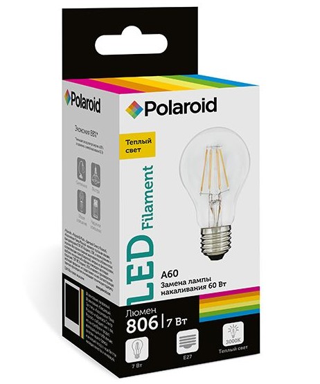 

Светодиодная лампа Polaroid 220V FIL A60 7W 3000K E27 806lm