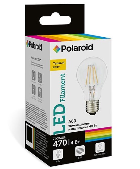 

Светодиодная лампа Polaroid 220V FIL A60 4W 3000K E27 470lm