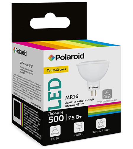 

Светодиодная лампа Polaroid 220V MR16 7,5W 3000K GU5.3 500lm