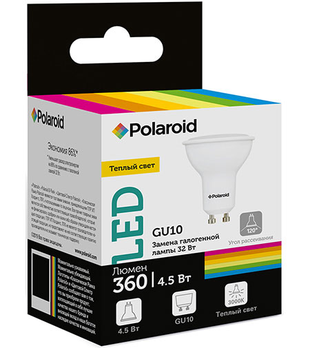 

Светодиодная лампа Polaroid 220V GU10 4,5W 3000K GU10 360lm