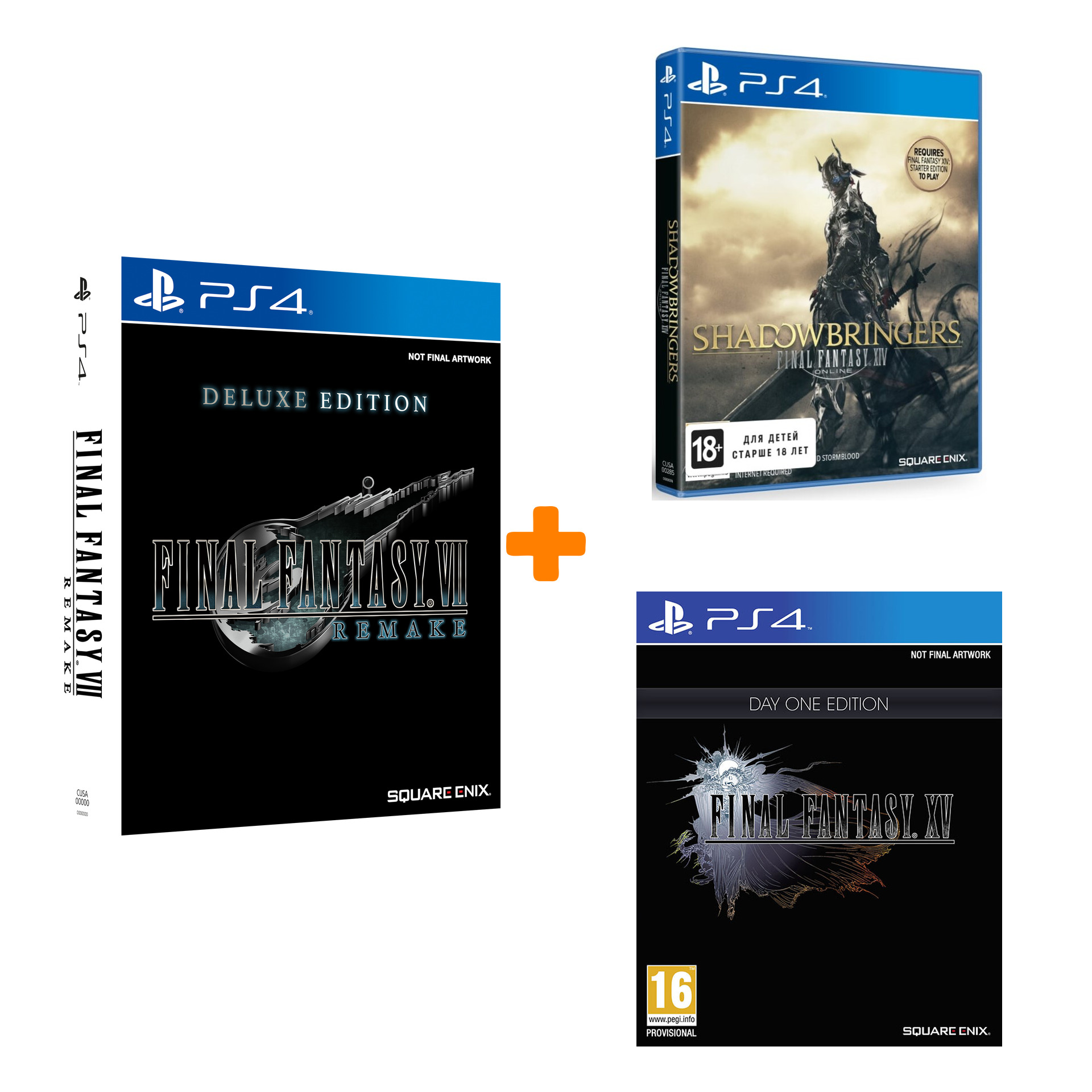 

Набор «Final Fantasy» (Final Fantasy VII Remake. Deluxe + Final Fantasy XIV: Shadowbringers + Final Fantasy XV. Day One) для PS4