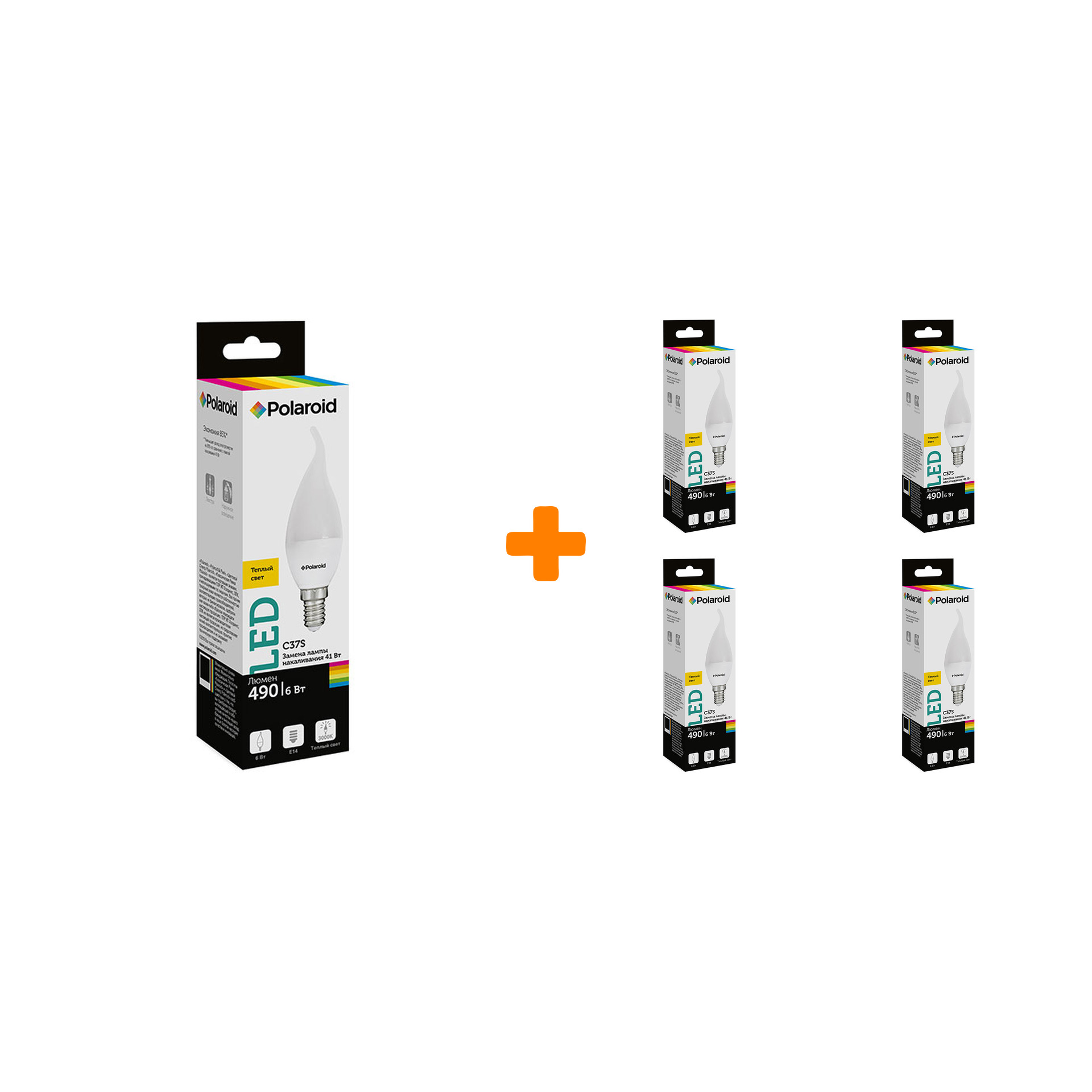 

Набор светодиодных лампочек Polaroid 220V C37S 6W 3000K E14 490lm, 5шт