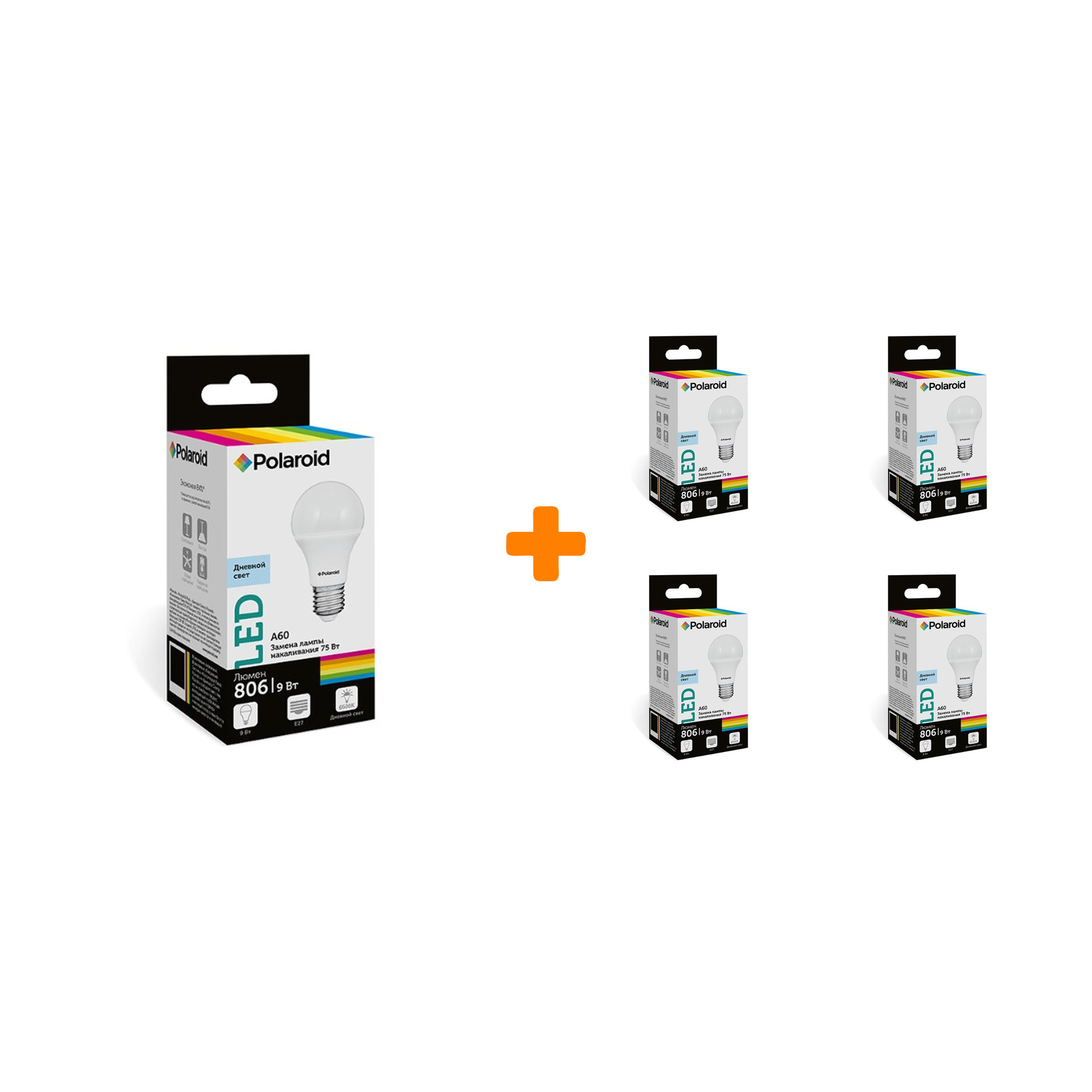 

Набор светодиодных лампочек Polaroid 220V A60 9W 6500K E27 806lm, 5шт