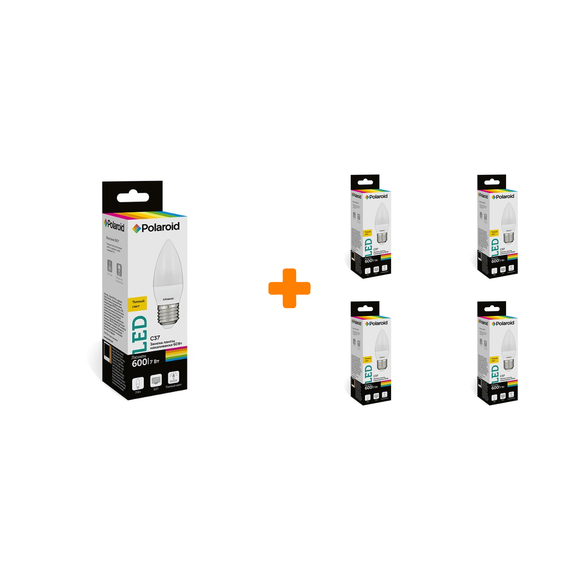 

Набор светодиодных лампочек Polaroid 220V C37 7W 3000K E27 600lm, 5шт