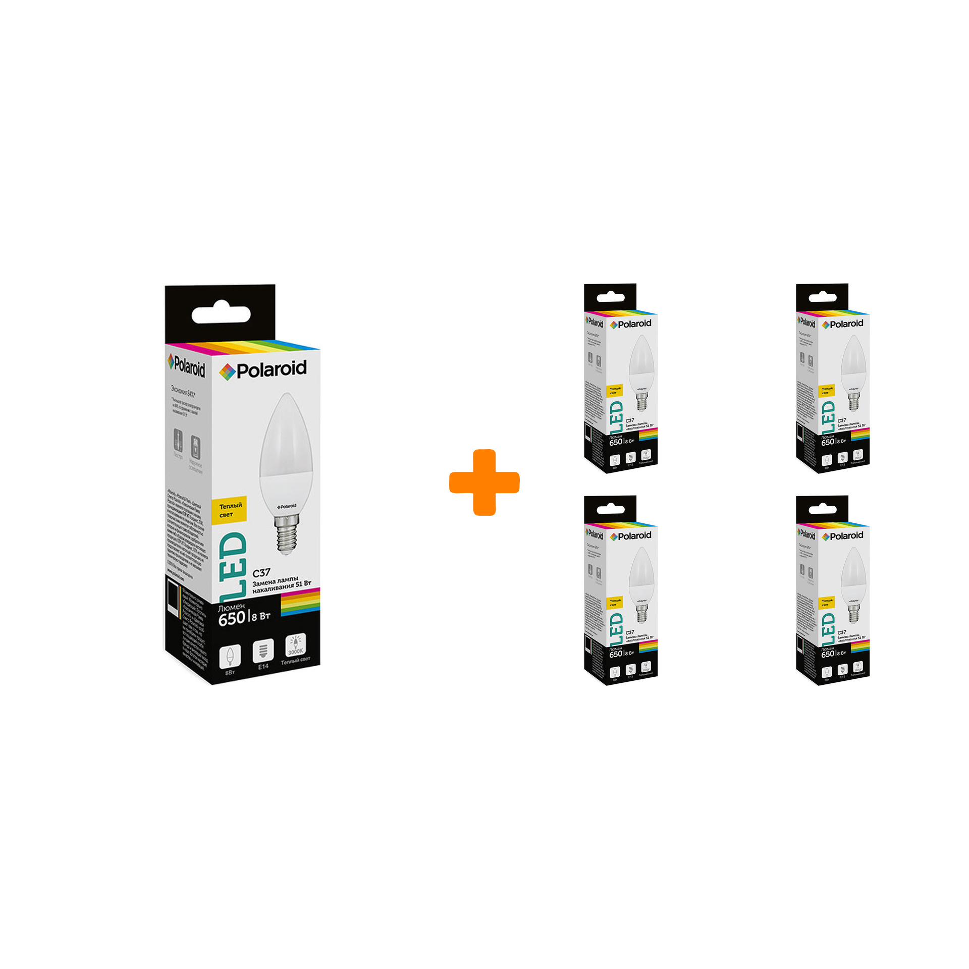 

Набор светодиодных лампочек Polaroid 220V C37 8W 3000K E14 650lm, 5шт