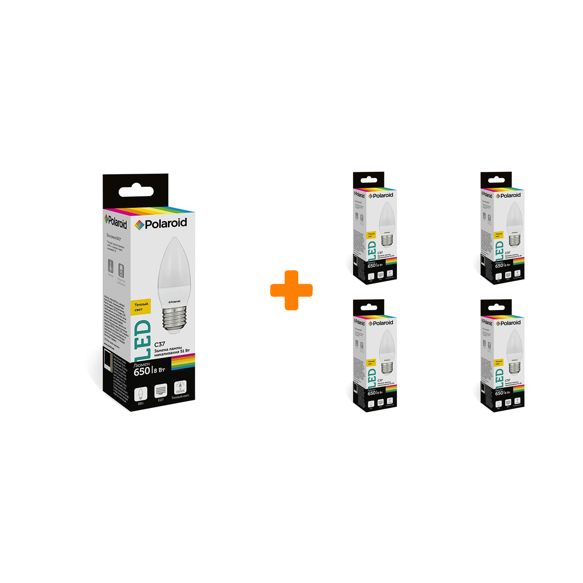 

Набор светодиодных лампочек Polaroid 220V C37 8W 3000K E27 650lm, 5шт