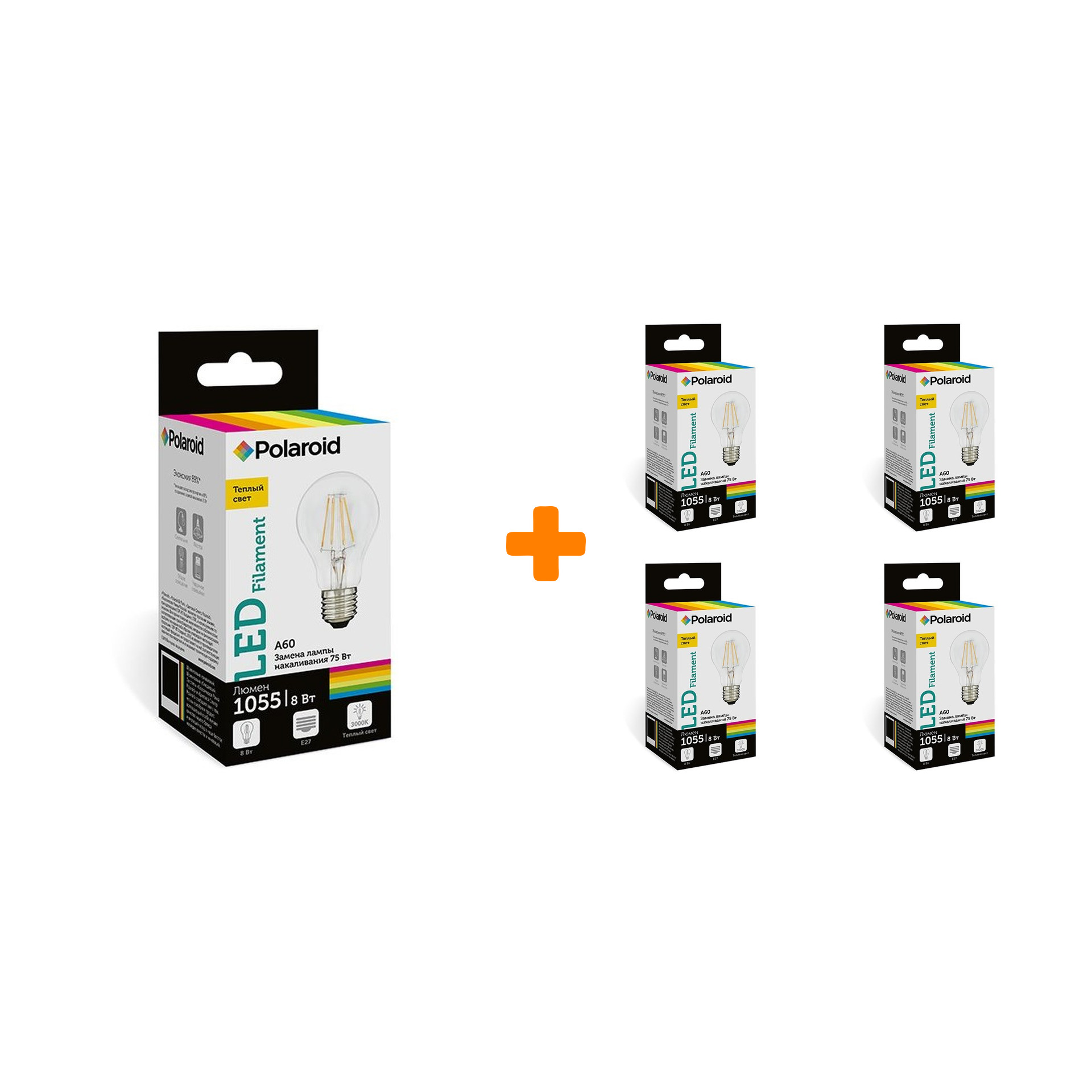 

Набор светодиодных лампочек Polaroid 220V FIL A60 8W 3000K E27 1055lm, 5шт