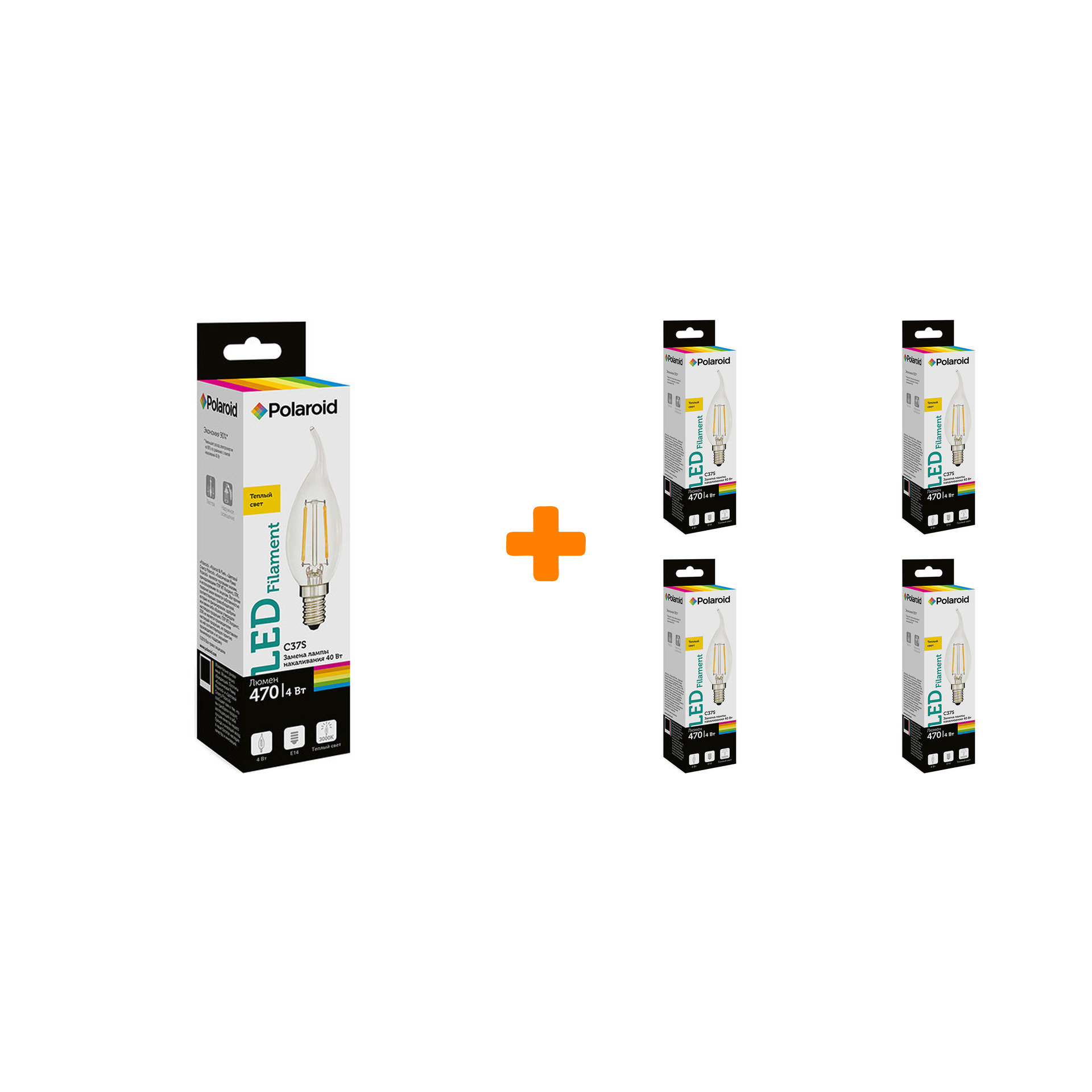 

Набор светодиодных лампочек Polaroid 220V C37S FIL 4W 3000K E14 470lm, 5шт