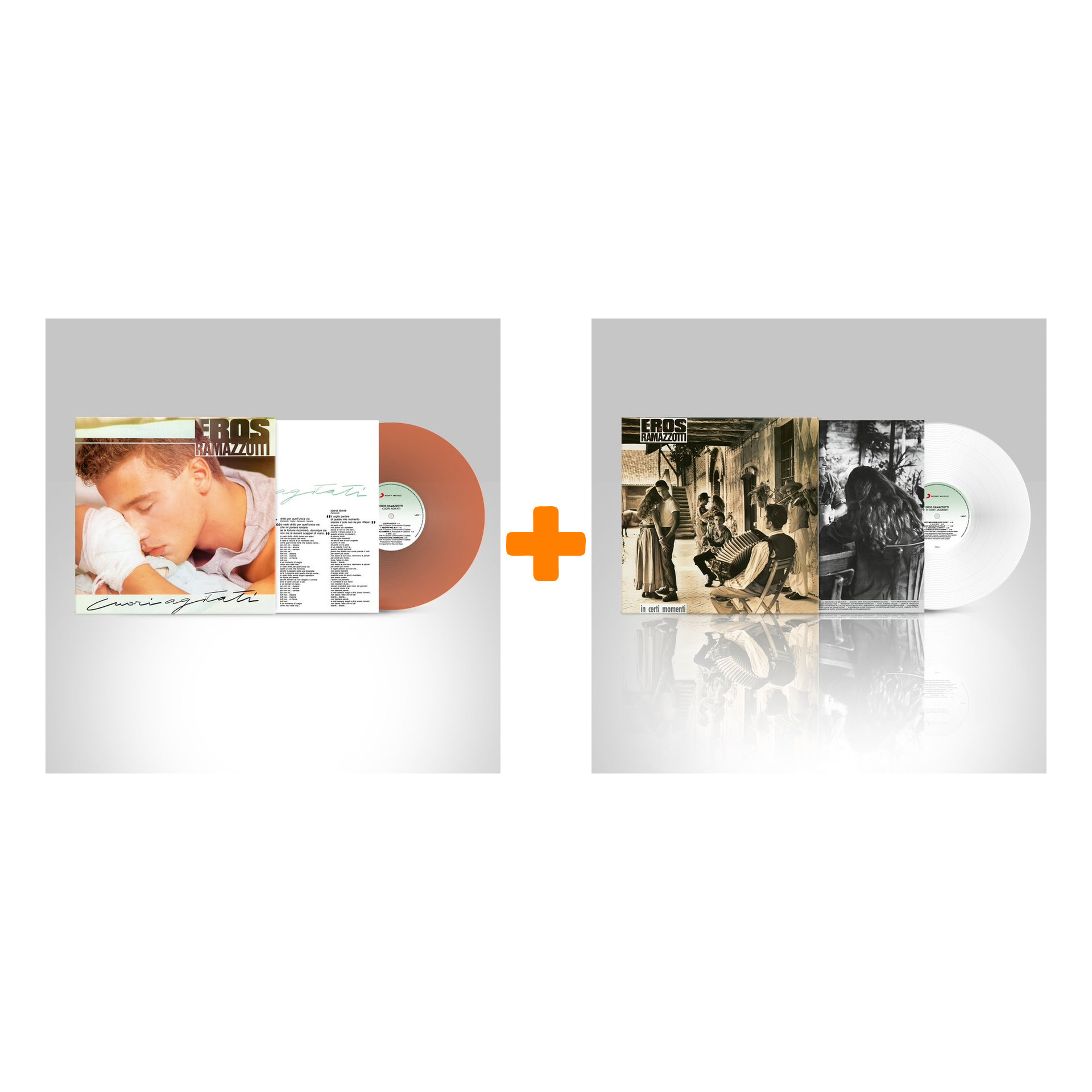 

Eros Ramazzotti – Cuori Agitati. Italian Version. Coloured Orange Vinyl (LP) + In Certi Momenti. Italian Version. Coloured White Vinyl (LP)