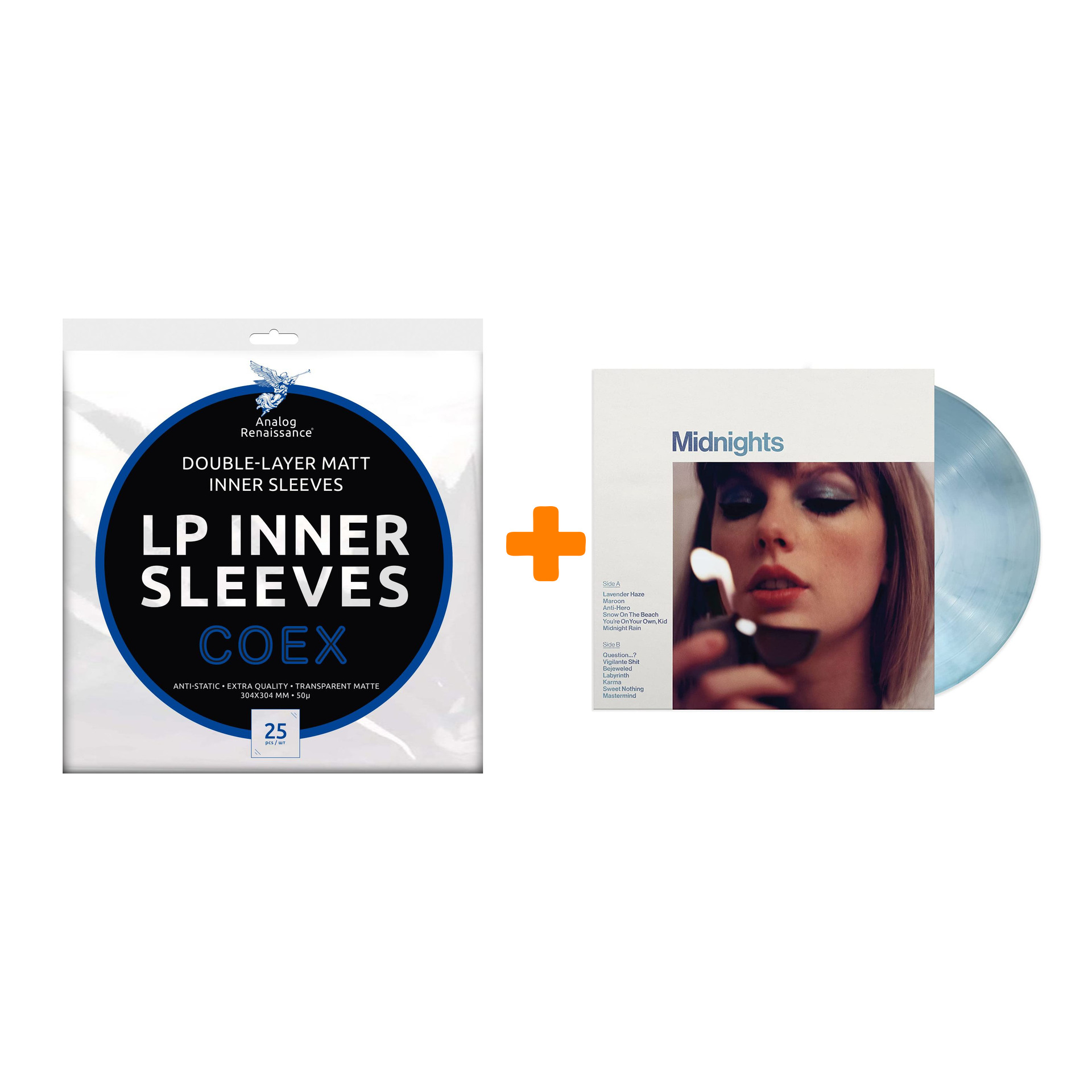 

SWIFT TAYLOR Midnights Limited Edition Moonstone Blue Marbled Vinyl LP + Конверты внутренние COEX для грампластинок 12" 25шт Набор