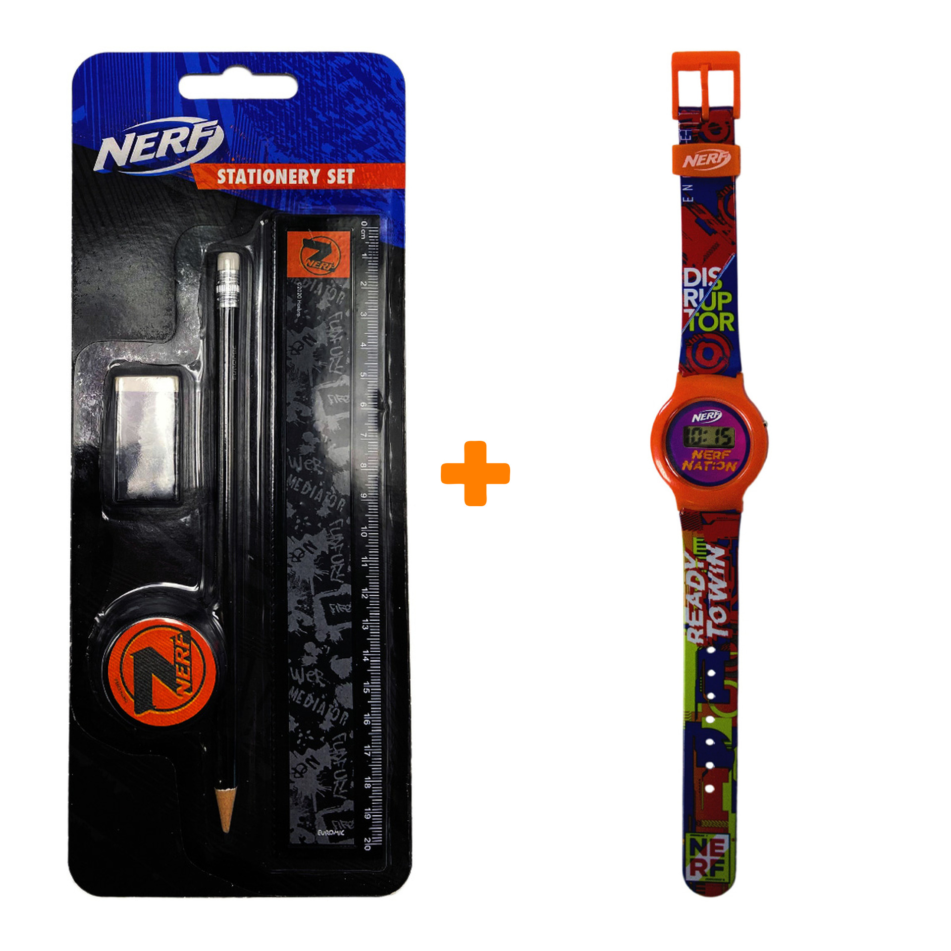 

Набор NERF (канцелярский набор + электронные наручные часы [красные])