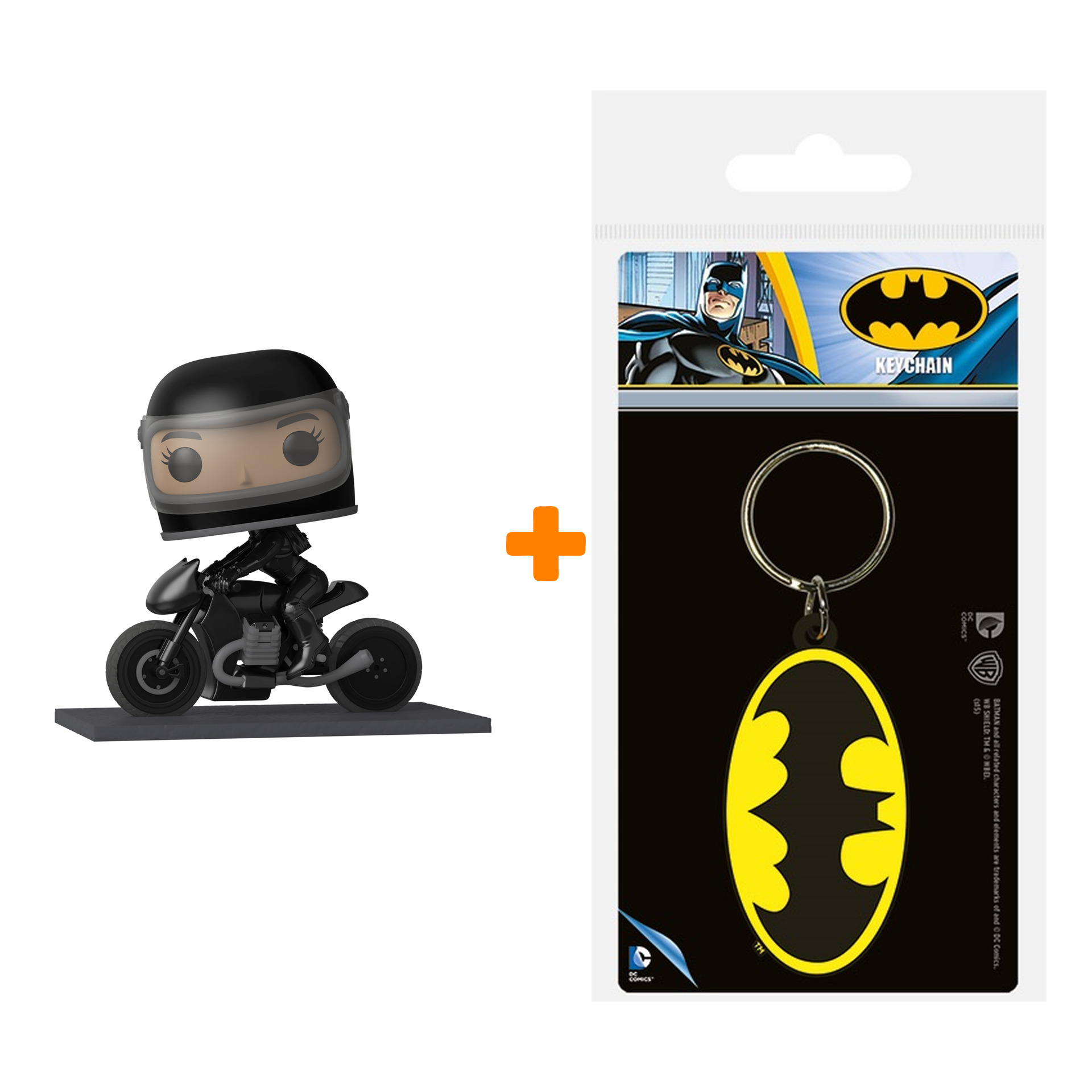 цена Набор фигурка The Batman Selina Kyle On Motorcycle + брелок Batman Symbol