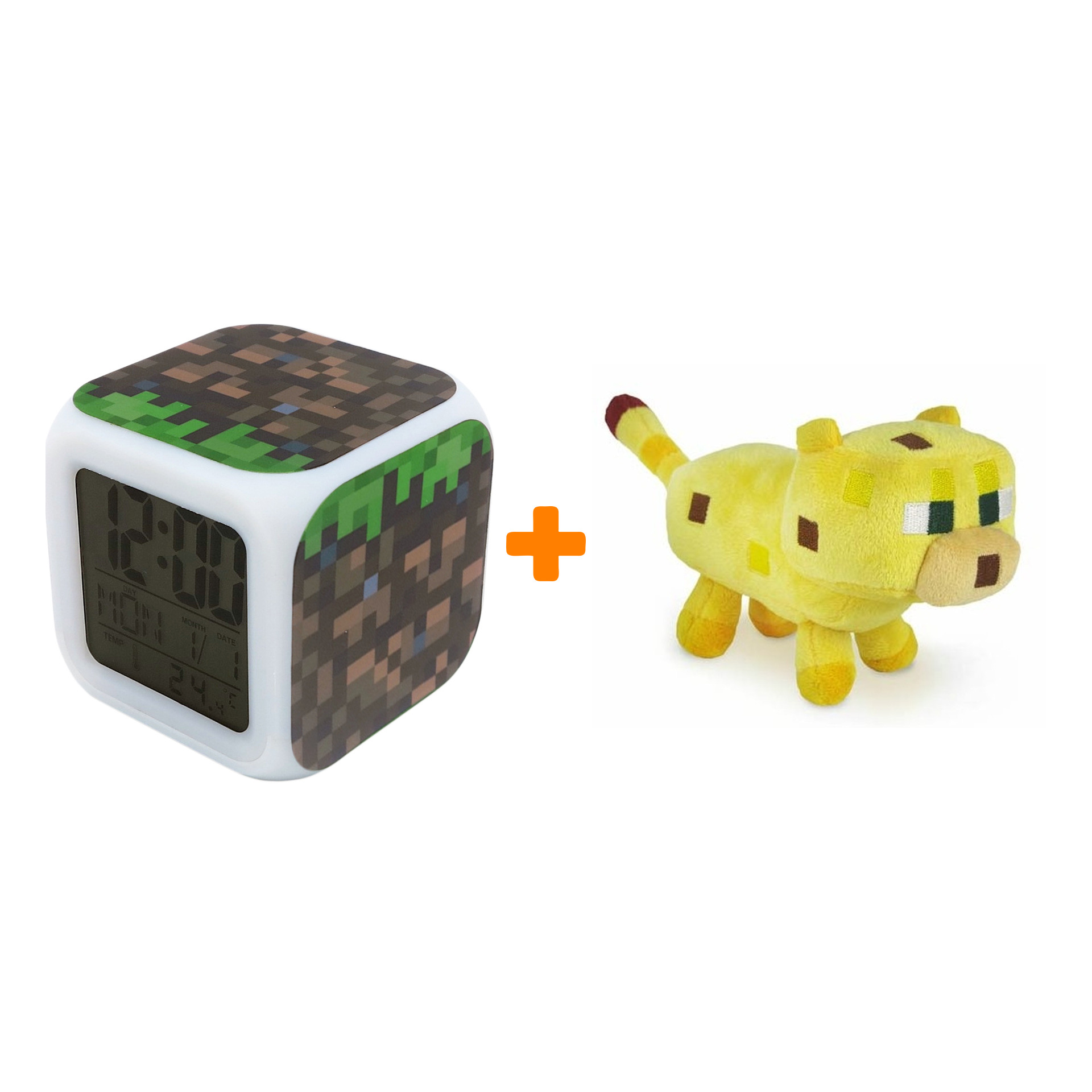 

Набор Minecraft мягкая игрушка Baby Ocelot + Часы-будильник Блок земли