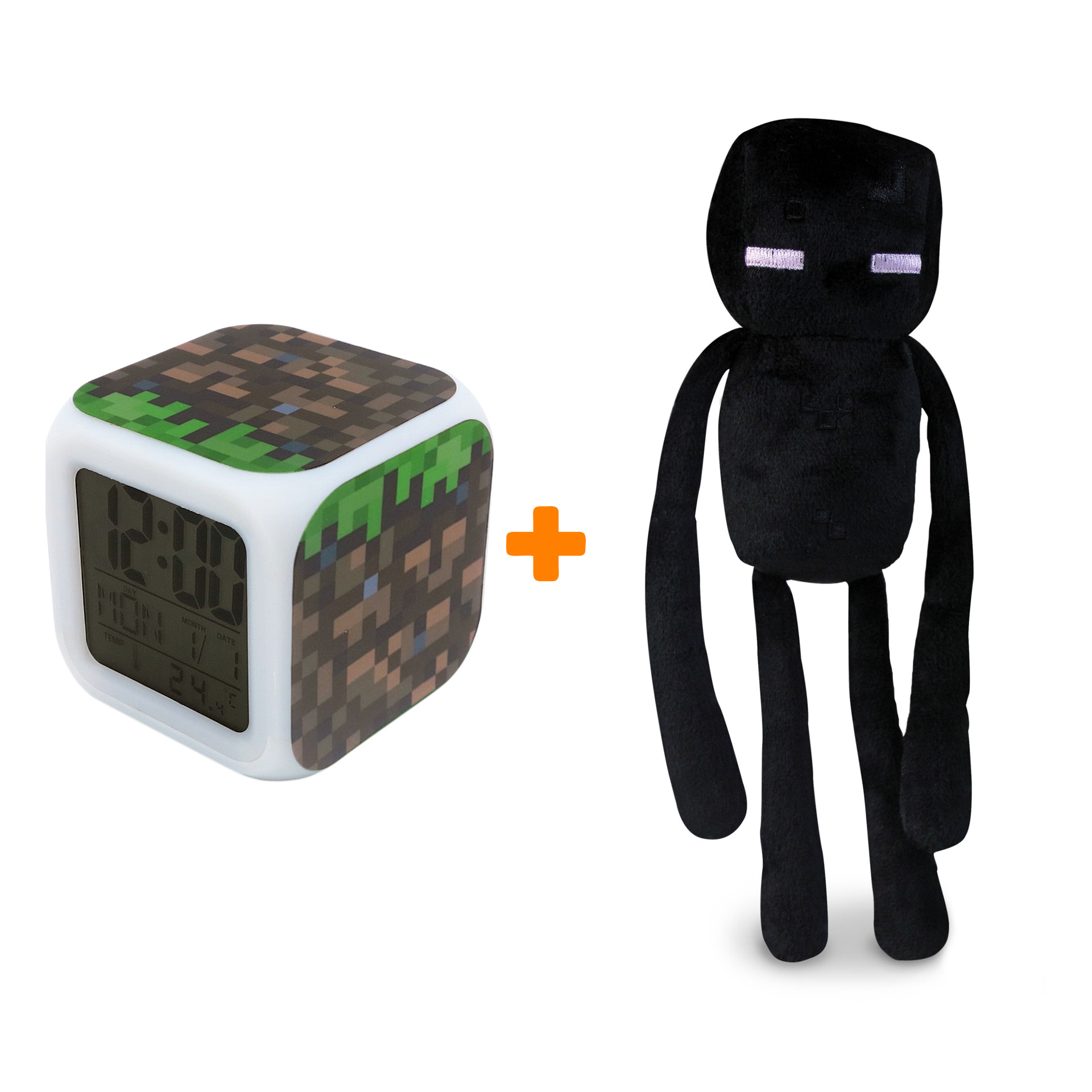 

Набор Minecraft мягкая игрушка Enderman + Часы-будильник Блок земли