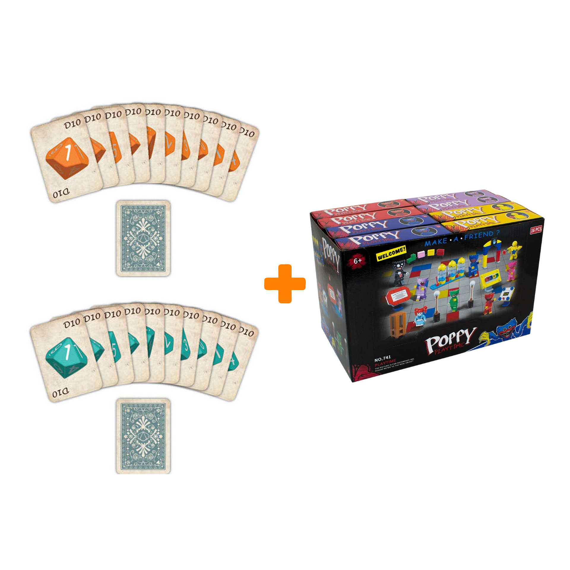 

Набор карт D10 для D&D и других настольных игр бирюзовый, оранжевый + Конструктор Huggy Wuggy 33 детали Набор