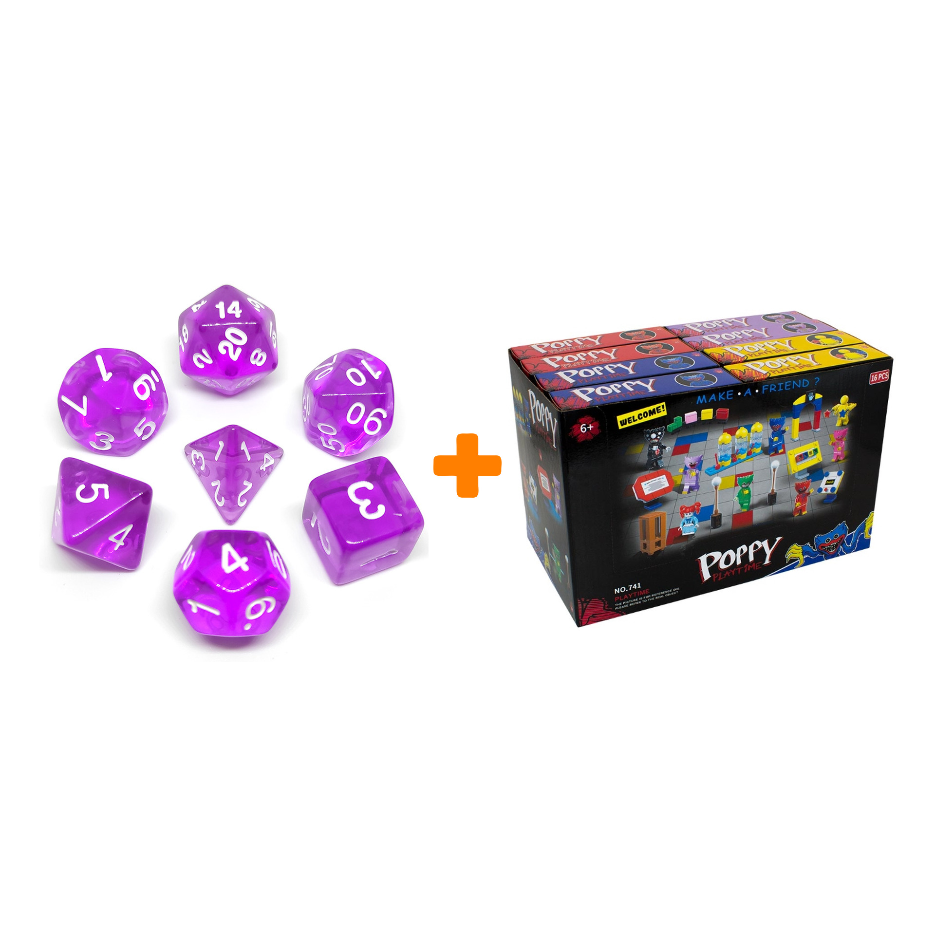 Набор кубиков Прозрачный для RPG 7шт фиолетово-белый + Конструктор Huggy Wuggy 33 детали Набор
