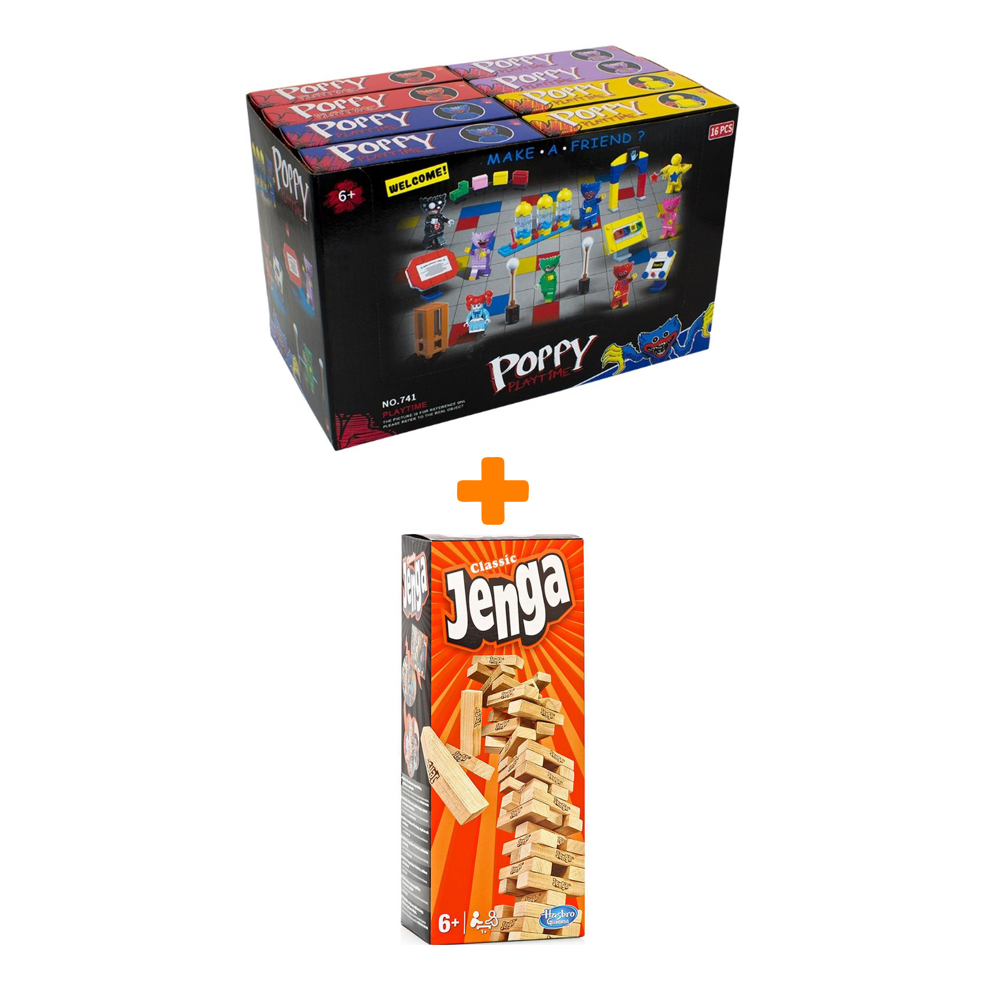 

Настольная игра Jenga Orange + Конструктор Huggy Wuggy 33 детали Набор
