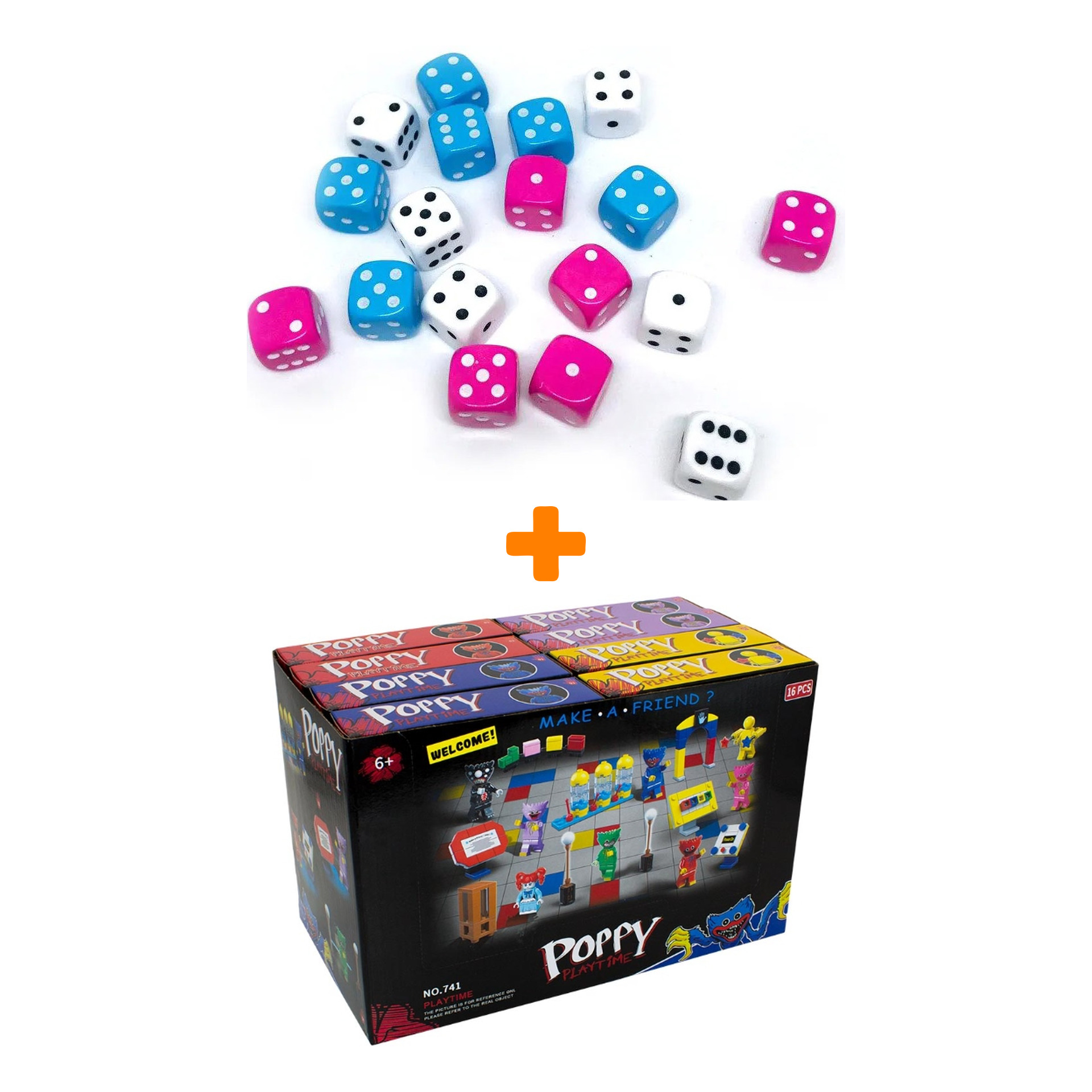 

Набор кубиков Симпл 12мм 18 шт голубой, белый, розовый + Конструктор Huggy Wuggy 33 детали Набор