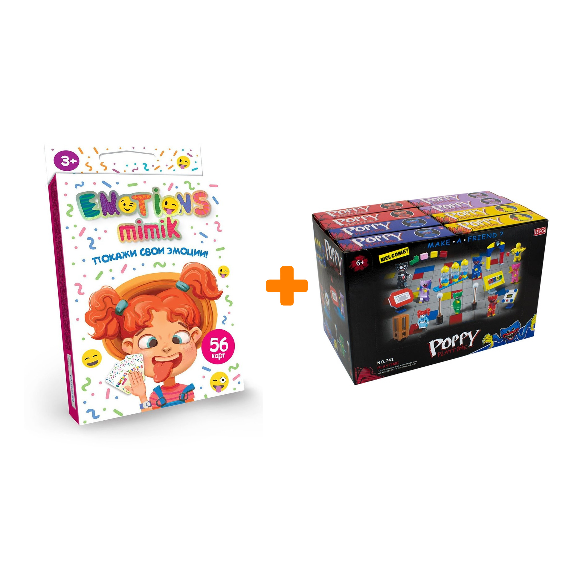 

Настольная игра Покажи свои эмоции / Emotions Mimik карточная + Конструктор Huggy Wuggy 33 детали Набор