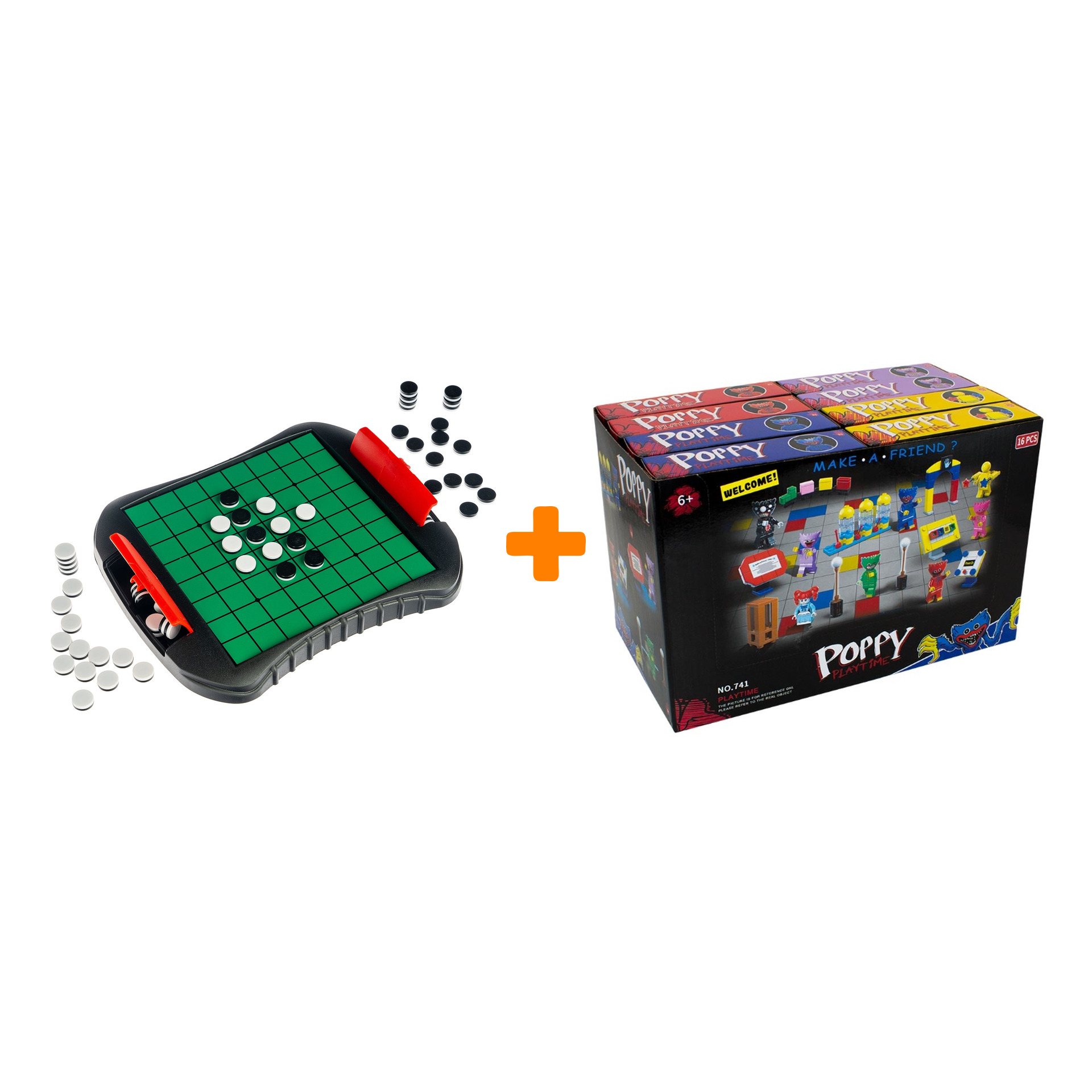 

Настольная игра Удачная партия Риверси + Конструктор Huggy Wuggy 33 детали Набор