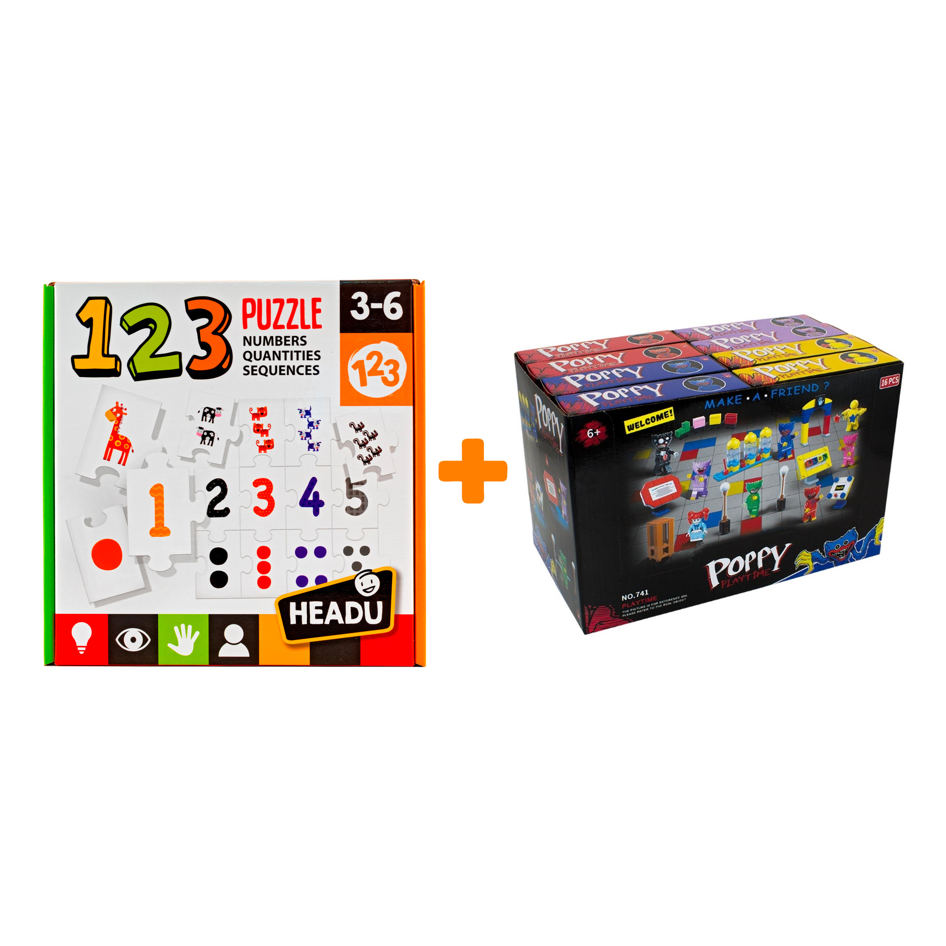 

Настольная игра-пазл 1-2-3 Обучение счету + Конструктор Huggy Wuggy 33 детали Набор