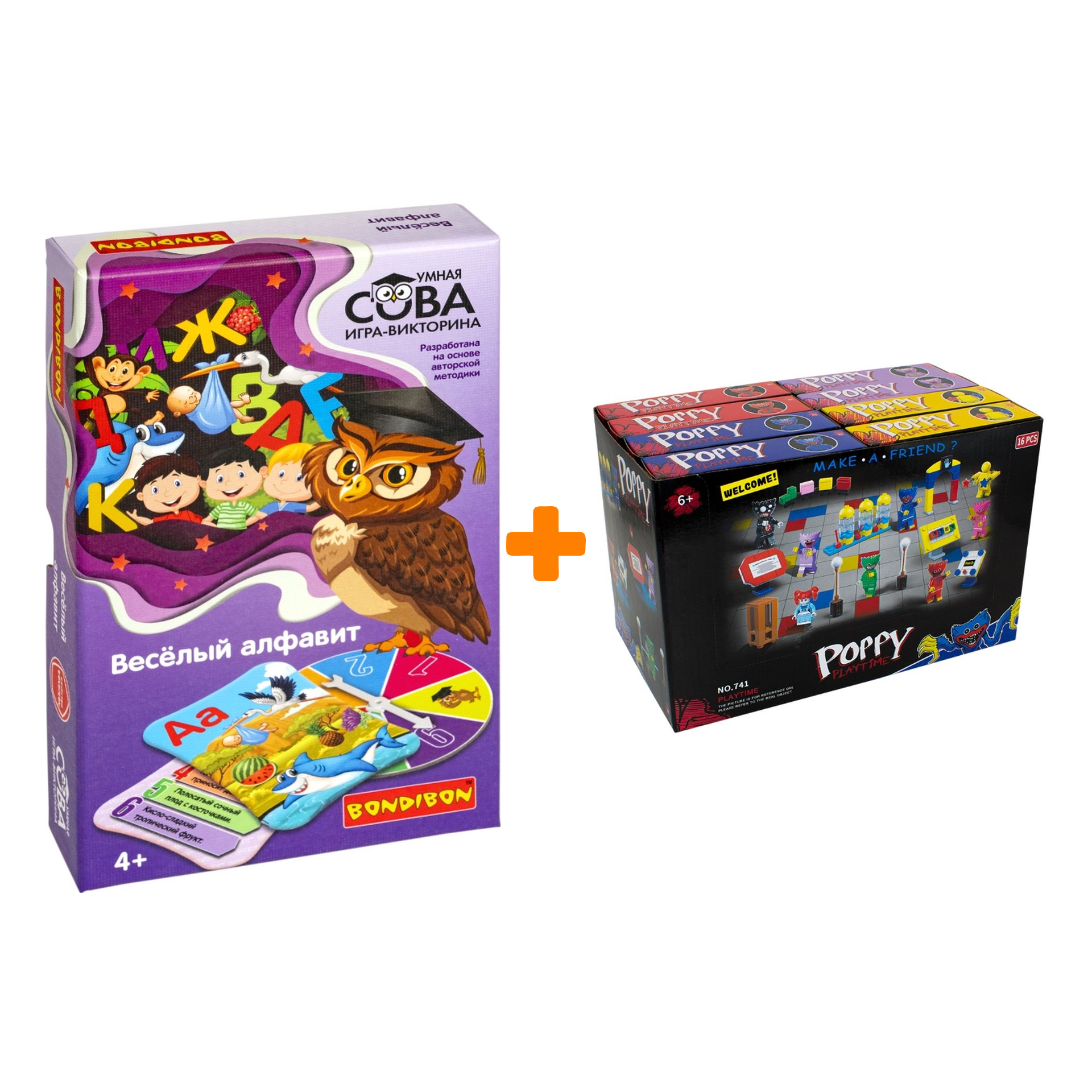 

Настольная игра-викторина Умная Сова Весёлый алфавит + Конструктор Huggy Wuggy 33 детали Набор