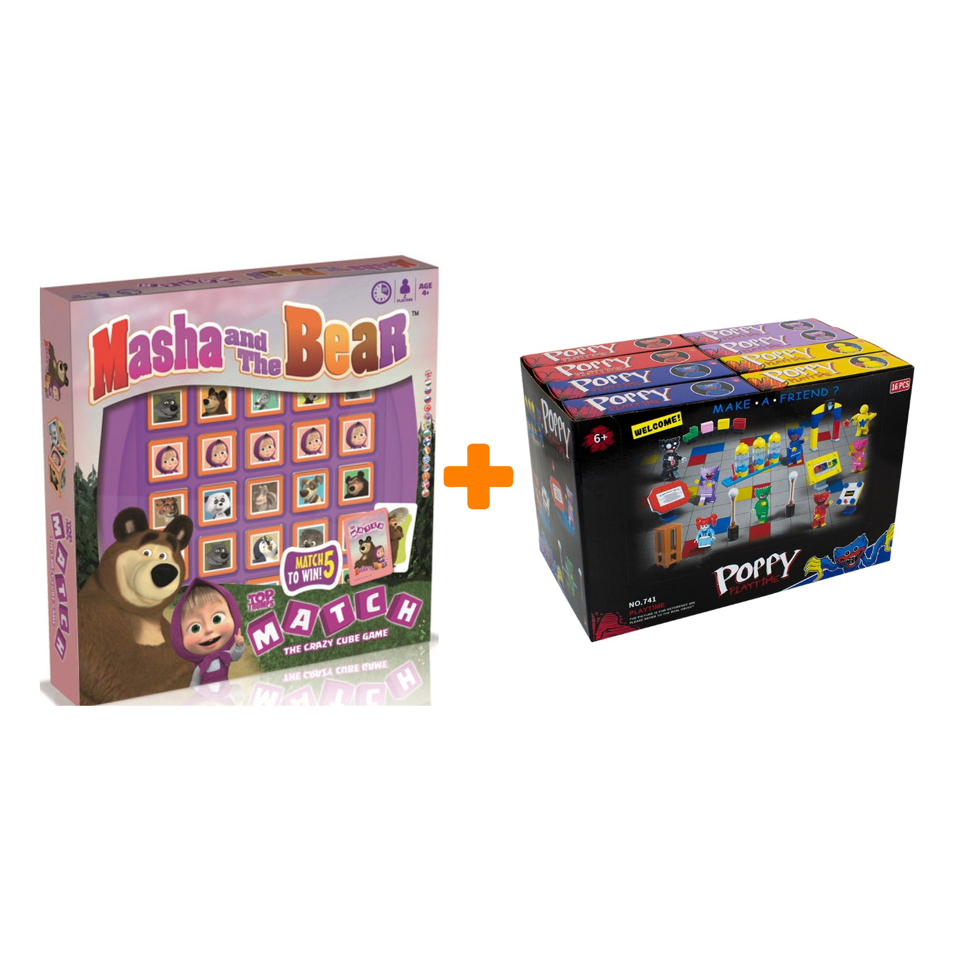 

Настольная игра Маша и Медведь + Конструктор Huggy Wuggy 33 детали Набор