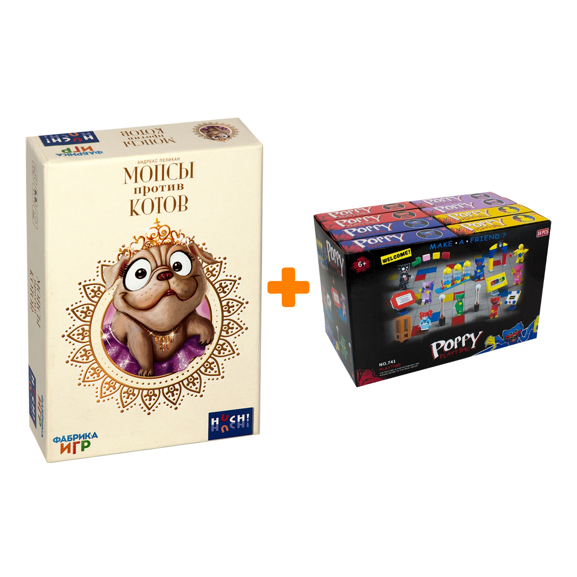 

Настольная игра Мопсы против котов + Конструктор Huggy Wuggy 33 детали Набор