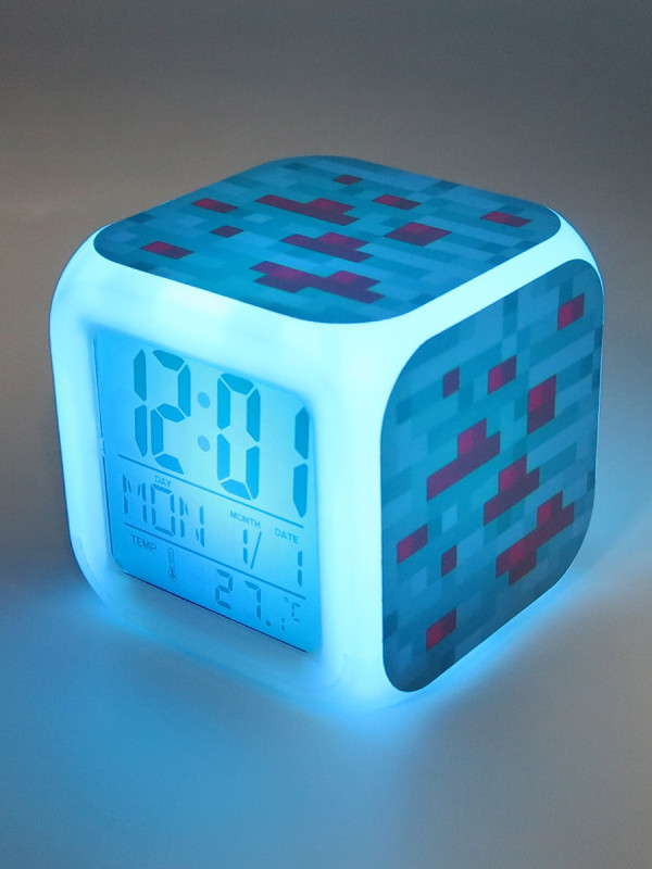 Часы-будильник Minecraft: Блок красной руды (пиксельные с подсветкой)